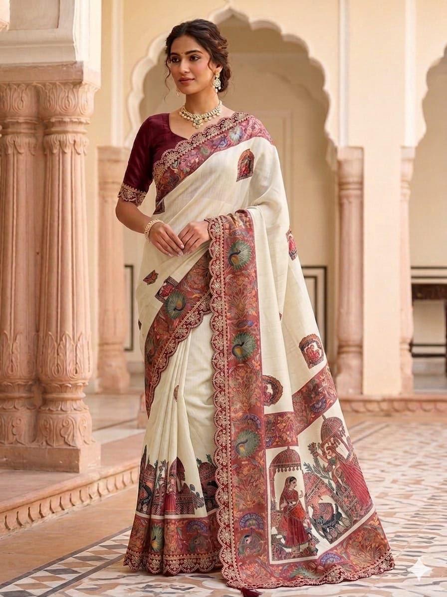Ivory White and Deep Maroon Dola Banarasi Peacock Motif Saree